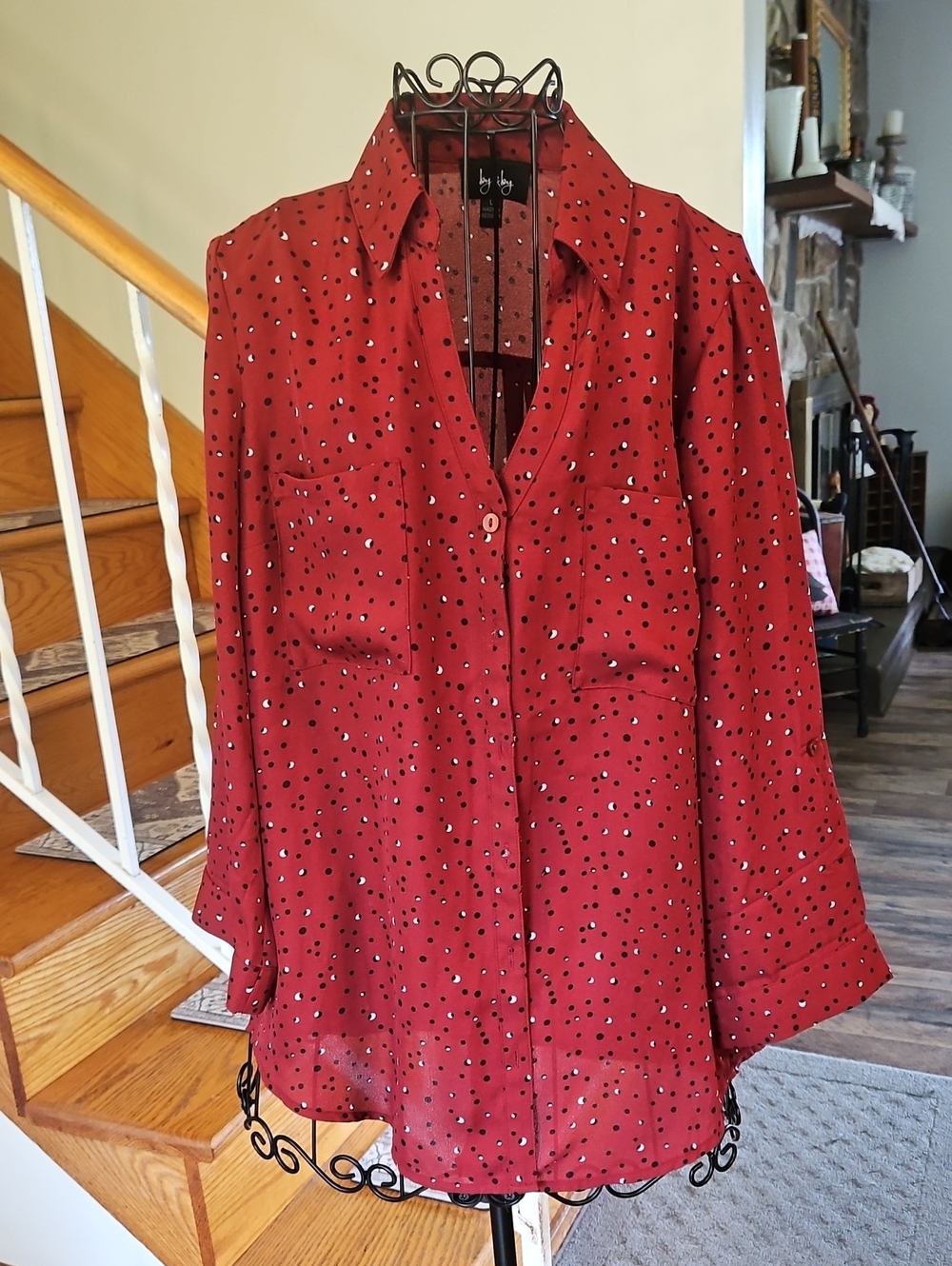 👚by & by Red Burgandy Polka Dot Button-Down Blouse